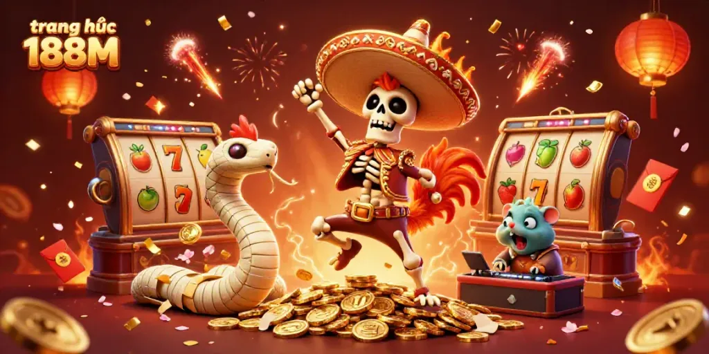 Celebrate winnings at trang chủ 188M with a vibrant 3D illustration featuring lively casino elements.