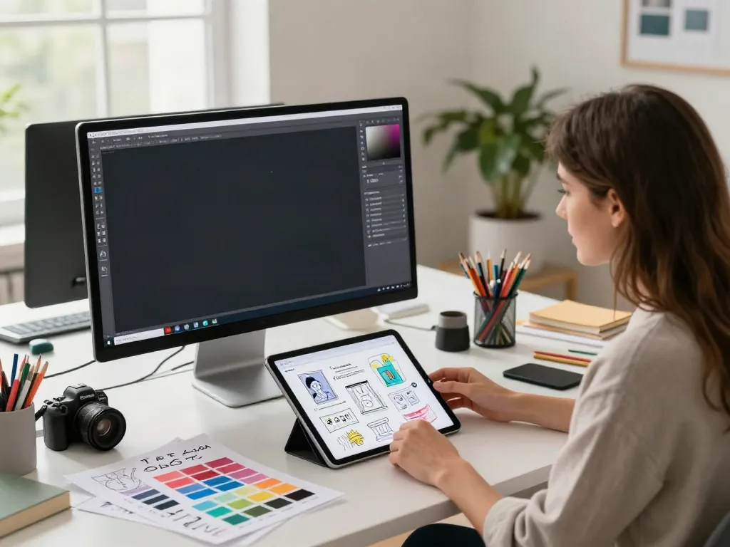 Designer using an image variation generator in a vibrant workspace filled with sketches and inspirational materials.