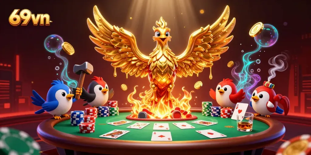 Experience thrilling wins at 69vn with an illustrated casino scene filled with excitement and vibrant action.