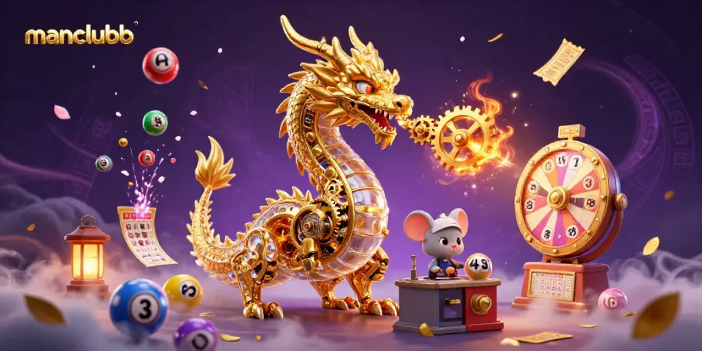 Engage with manclubb's vibrant gaming atmosphere, featuring a golden dragon amid lottery elements.