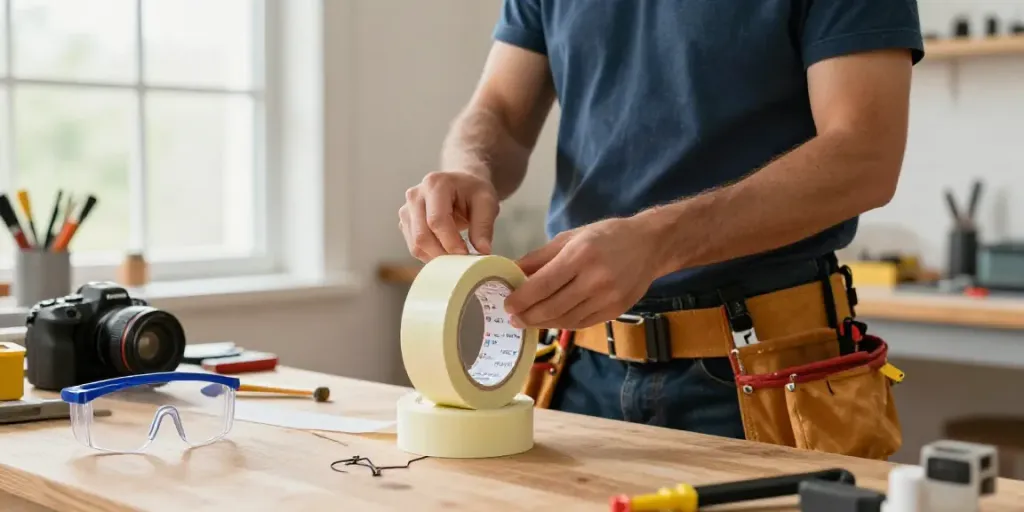 Handyman applying Super33 vinyl electrical tape in a bright workshop, showcasing DIY home repair.