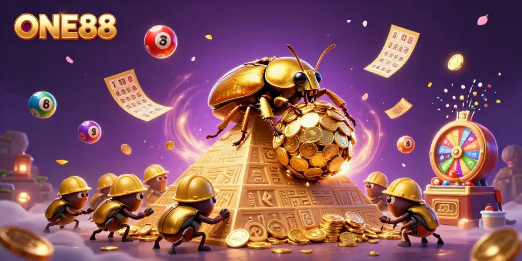 Engage with ONE88 as a golden beetle rolls coins amidst vibrant casino elements.