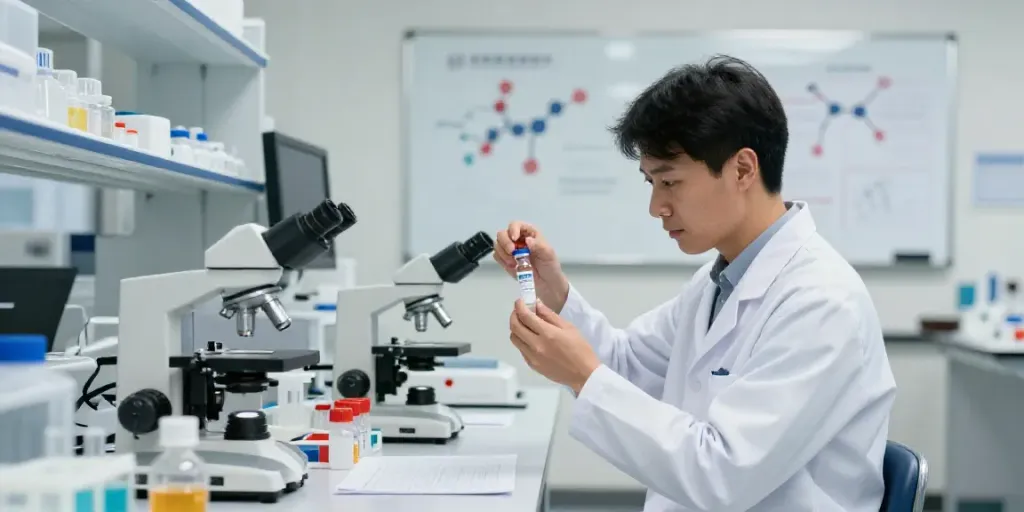 Researcher analyzing Swiss Chems peptides in a clean laboratory.