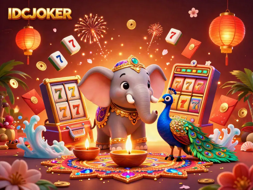 IDCJOKER showcases vibrant casino elements with a Diwali-themed elephant and peacock in a festive scene