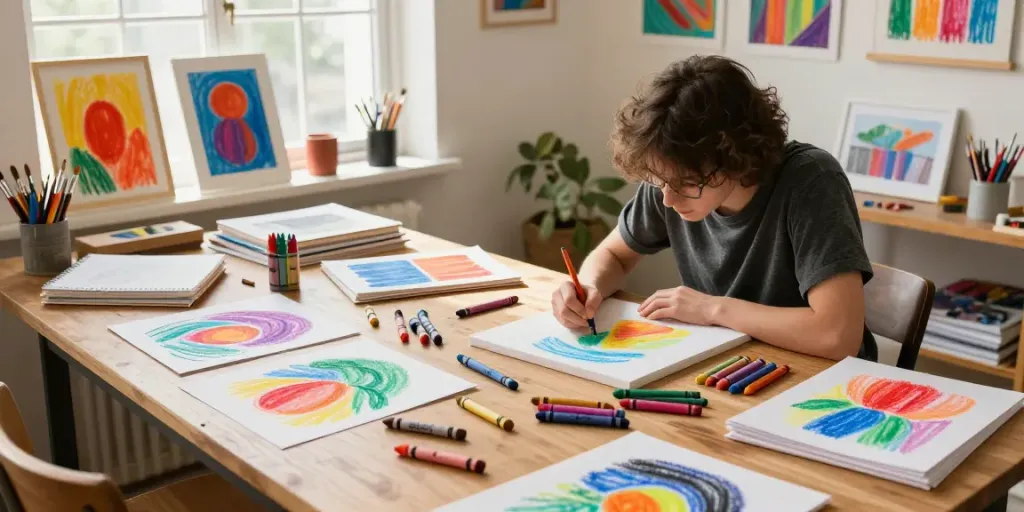 Crayon manufacturers showcasing a vibrant art studio with various crayon types and an artist at work.