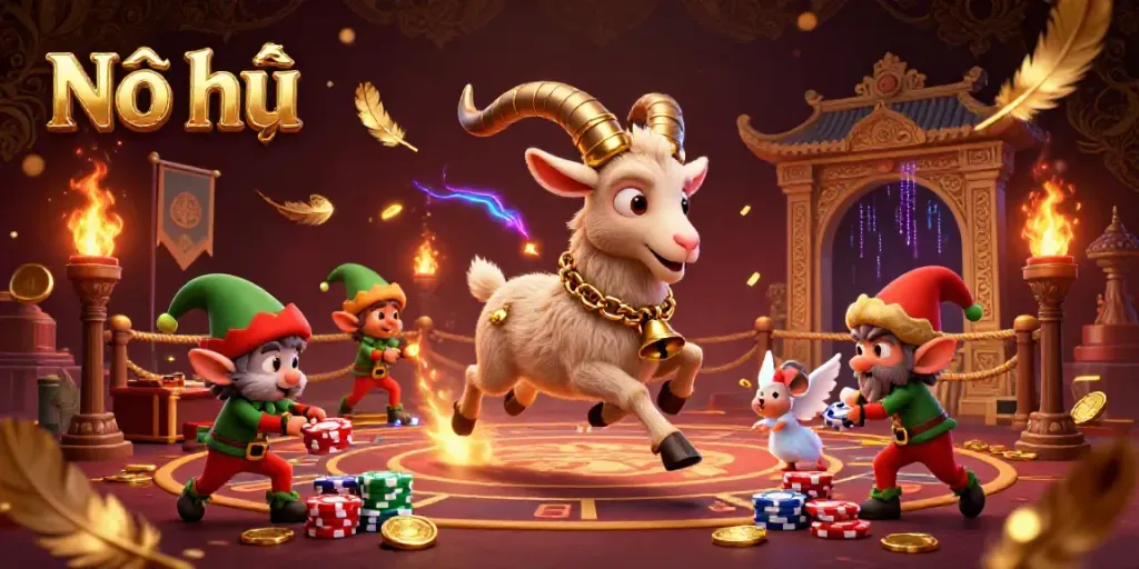 Nổ hũ festive casino scene with Krampus goat, angel mouse, and elf gremlins stealing chips.