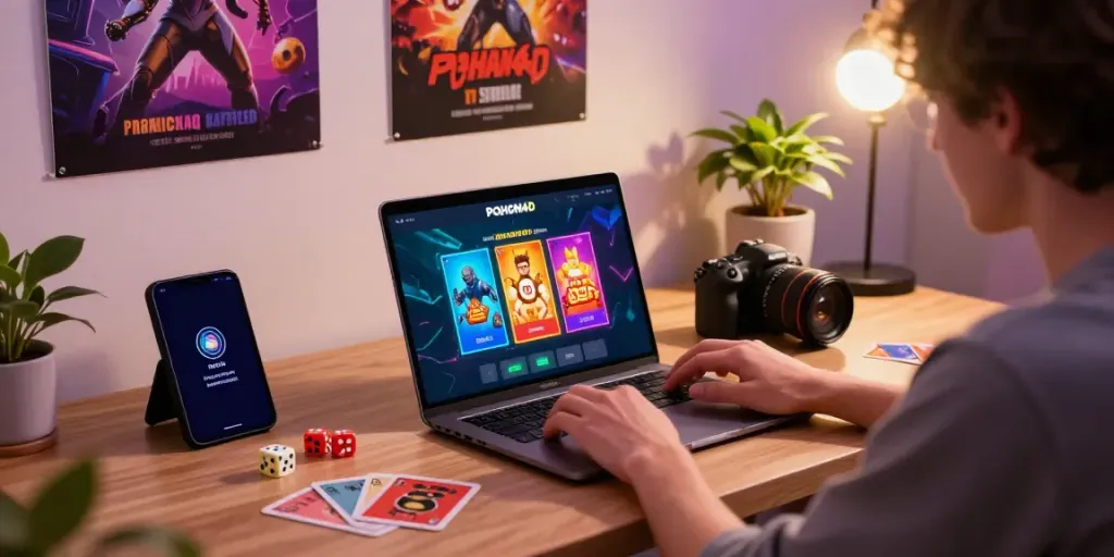 Pengguna POHON4D bermain game online dengan laptop, dikelilingi aksesori permainan di ruang yang nyaman.