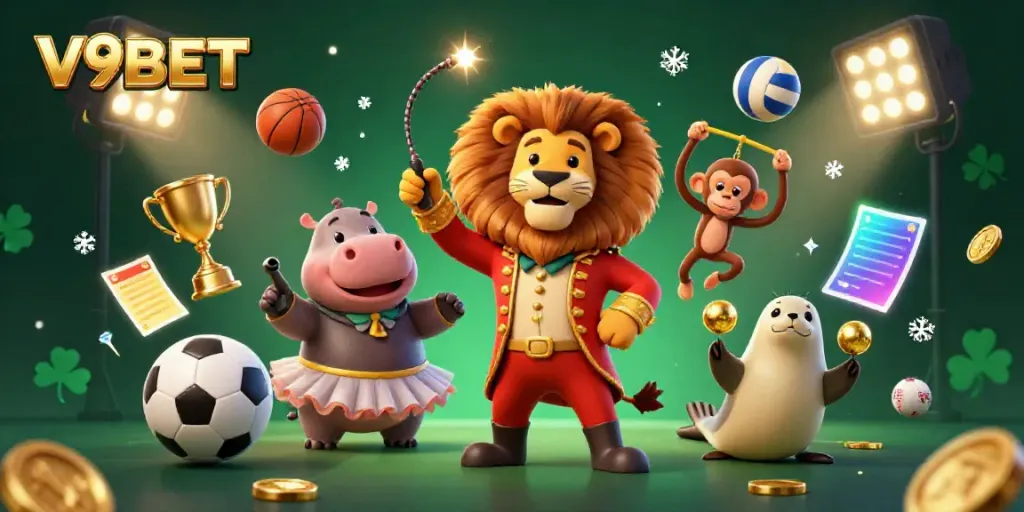 V9BET sports betting illustration featuring a circus lion and dynamic sports elements.
