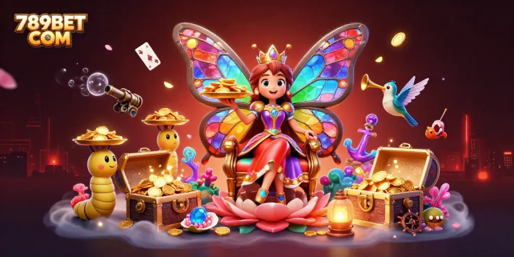Experience the vibrant world of 789BET COM with a colorful butterfly queen and gaming treasures.