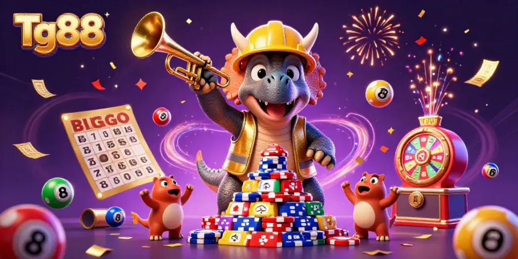 Engage in thrilling moments at Tg88 with a vibrant casino-themed 3D illustration showcasing joyful characters.