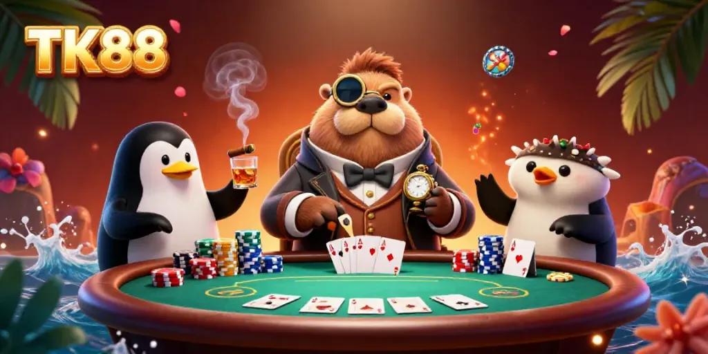 Experience the thrill of TK88 poker with whimsical characters and vibrant elements.