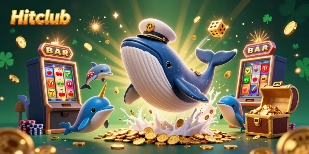 Engage with the vibrant Hitclub casino illustration featuring a whale and dolphins among a jackpot of riches.