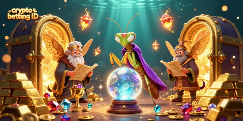 Engage with crypto betting ID in this vibrant casino-themed scene featuring mystical characters.