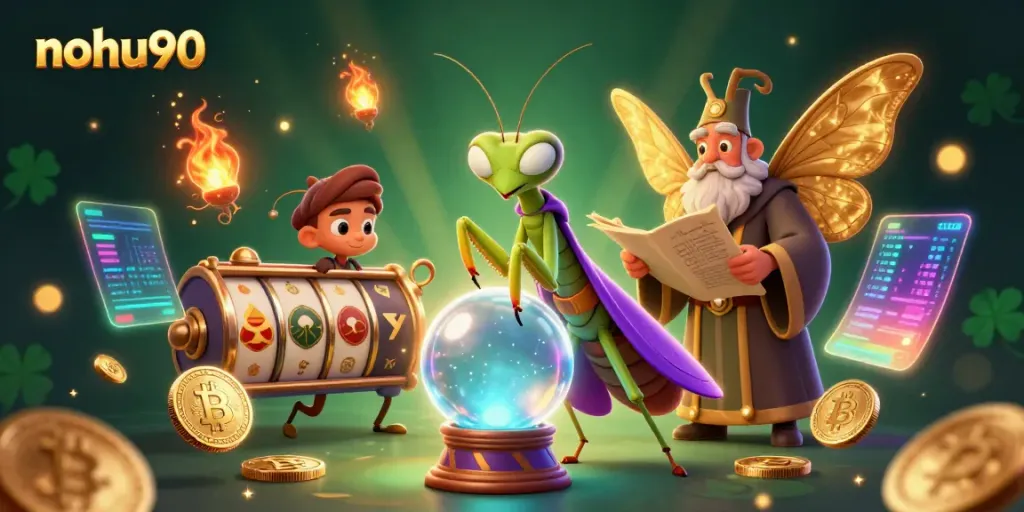 Engage in thrilling gaming with nohu90's mystical fortune teller and moth librarian amid vibrant casino atmospheres.