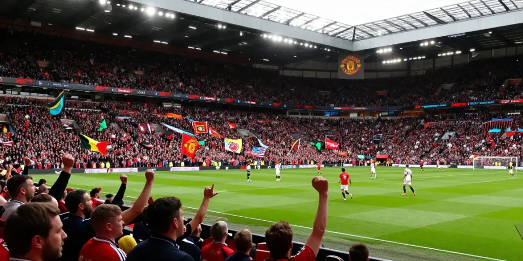 Exciting match scene of แมนยู vs ลิเวอร์พูล in a packed stadium, vibrant atmosphere, passionate fans, intense player action.