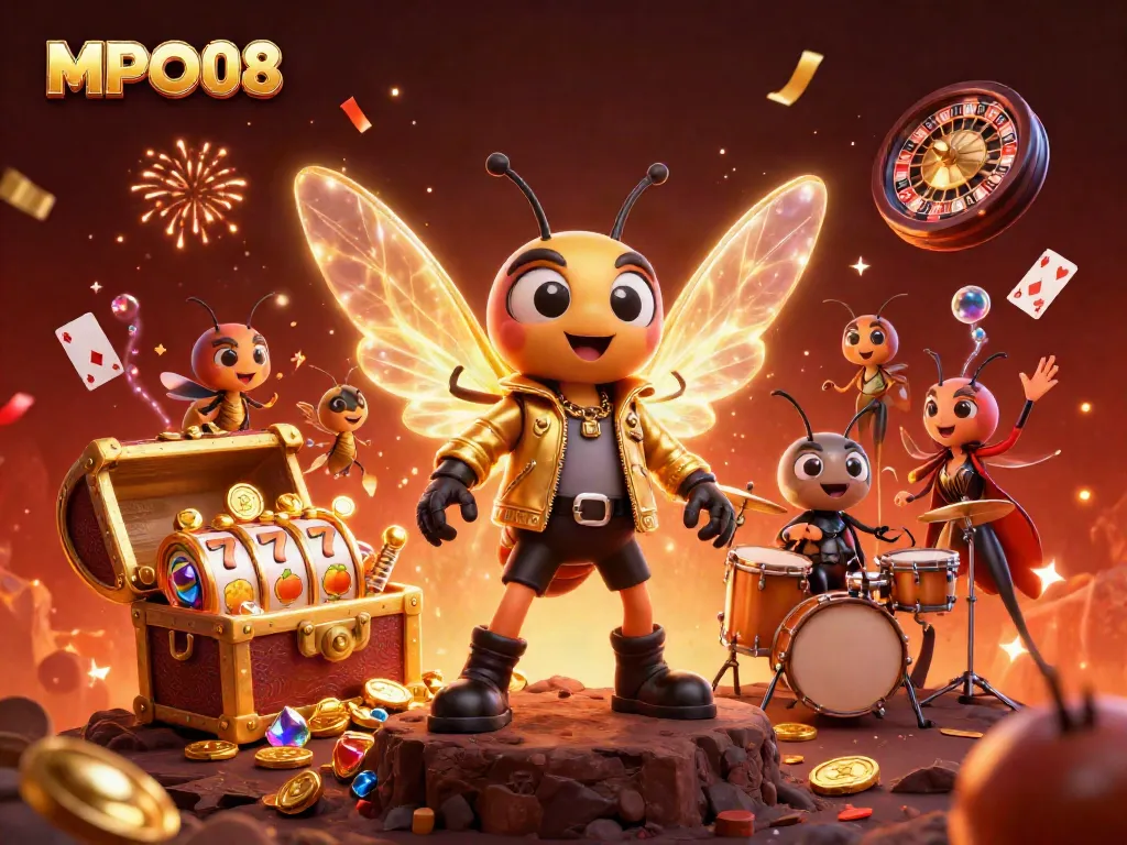 MPO08 reveals a vibrant casino adventure with a rock star cicada and game elements in vivid action.