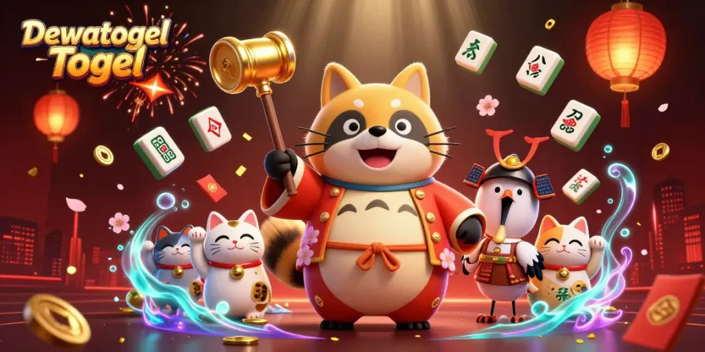 Dewatogel Togel celebrates luck with a joyful tanuki, surrounded by festive elements and winning symbols.