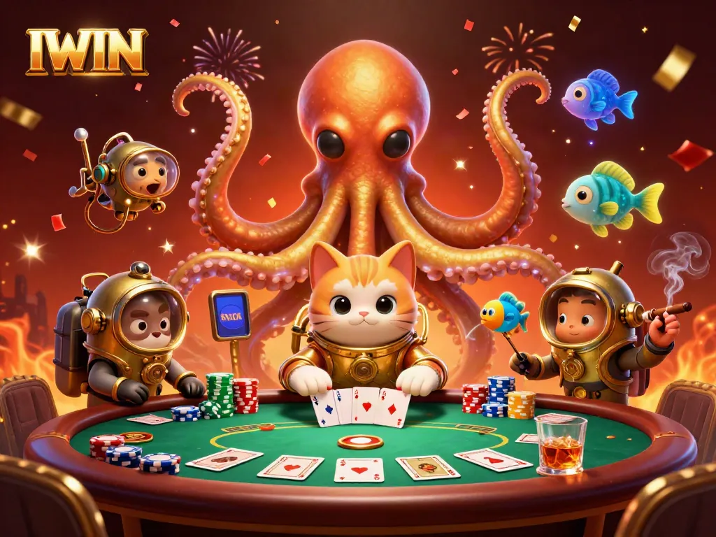 IWIN offers an exciting 3D casino scene with a kraken and a diving cat, surrounded by poker elements.