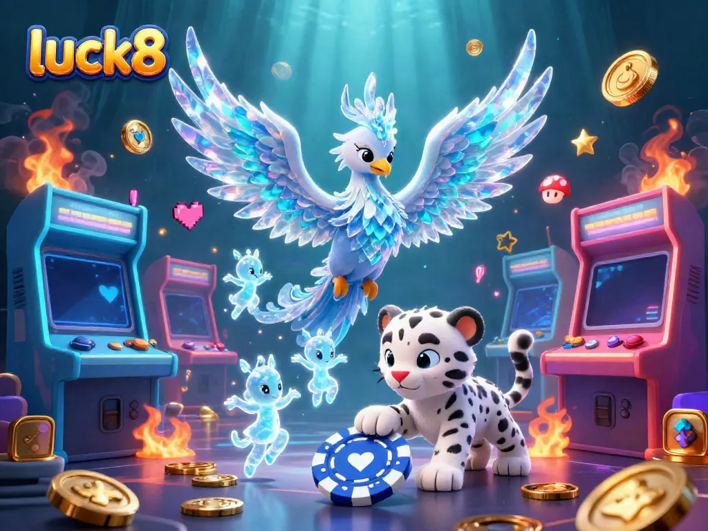 Experience dynamic gaming with luck8 featuring an ice phoenix, leopard cub, and glowing sprites.