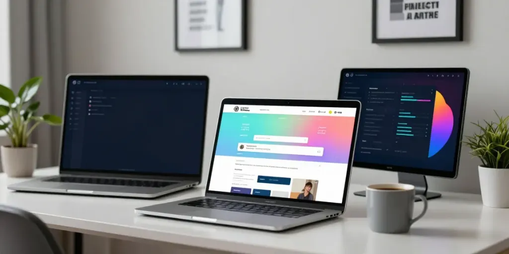 Professional engaging with a WordPress chat plugin on multi-screen workstation.