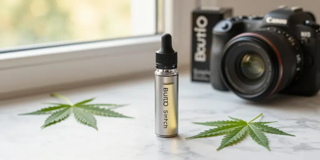 Boutiq Switch Disposable elegantly displayed with cannabis leaves on marble for premium vaping experience