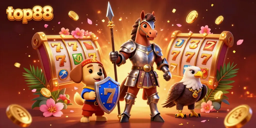 Experience thrilling gameplay at top88 with a vibrant 3D knight scene featuring slot reels and lucky 7s!