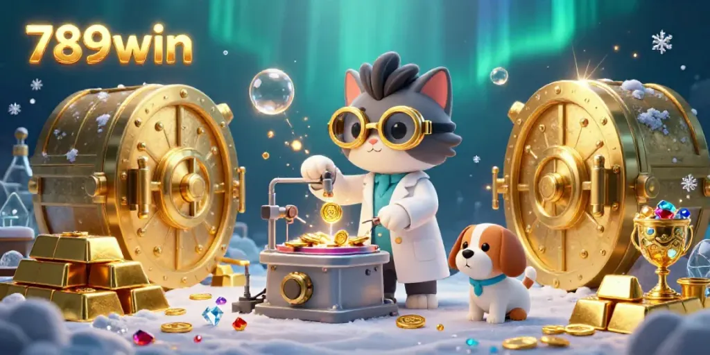 Engage with exhilarating 789win casino experiences featuring a mad scientist cat creating gold-coin-replication amidst a treasure-filled lab.
