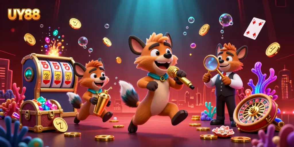 Experience the excitement of UY88 with lively hyenas in a vibrant casino setting, filled with dynamic game elements.