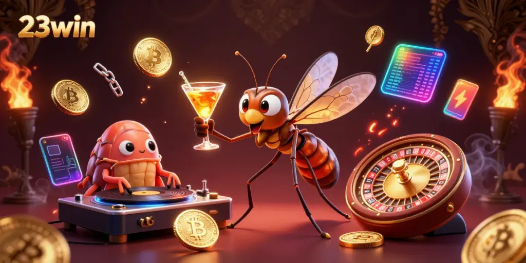 Experience thrilling gaming with 23win featuring vibrant characters, golden elements, and crypto designs.
