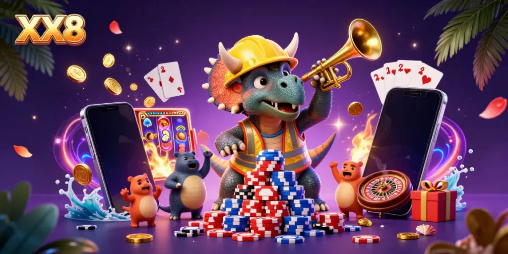 Engage in the thrill of slots with XX8, featuring a triceratops building poker chips amidst a vibrant casino scene.