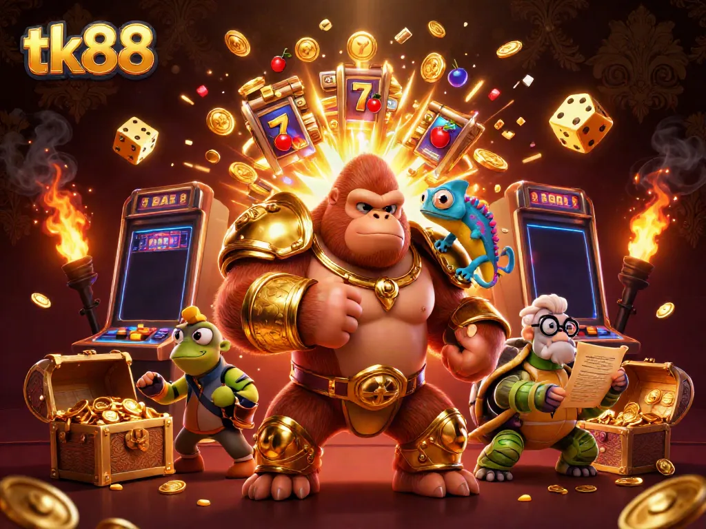 Experience the thrill of tk88 casino gaming with a dynamic 3D illustration featuring vivid characters and jackpot elements.