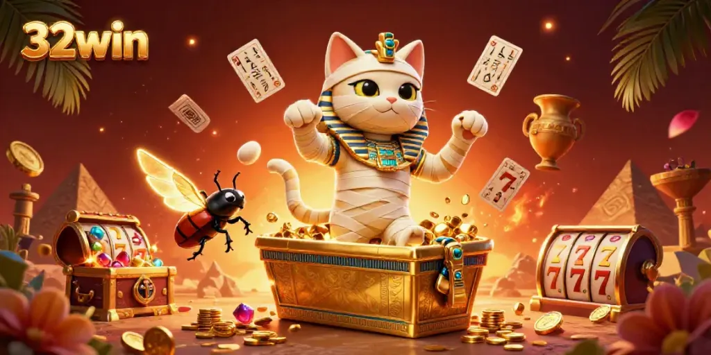 Experience the thrill of 32win with mummies, scarabs, and slots in this vibrant casino scene.
