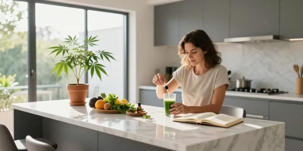 sg lana CBD wellness scene with oil tincture, hemp plant, and fresh ingredients in a bright kitchen