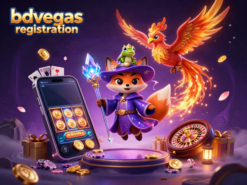 Join the bdvegas registration for players, featuring a wizard fox and phoenix in a magical casino scene.