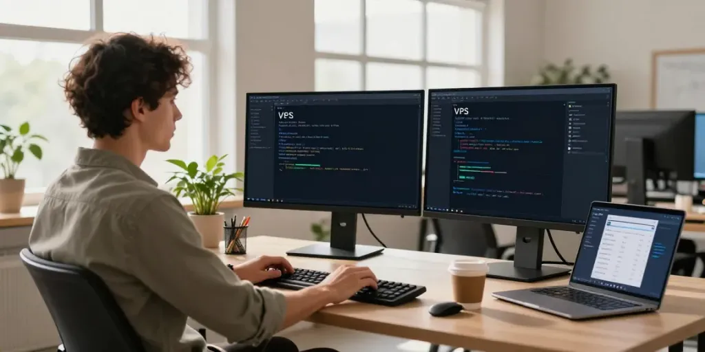 No KYC VPS setup in a bright modern workspace with dual monitors and coffee.