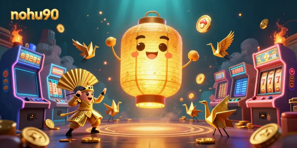 Engage with the exciting world of nohu90 in this vibrant 3D casino scene featuring golden lanterns and jackpot elements.