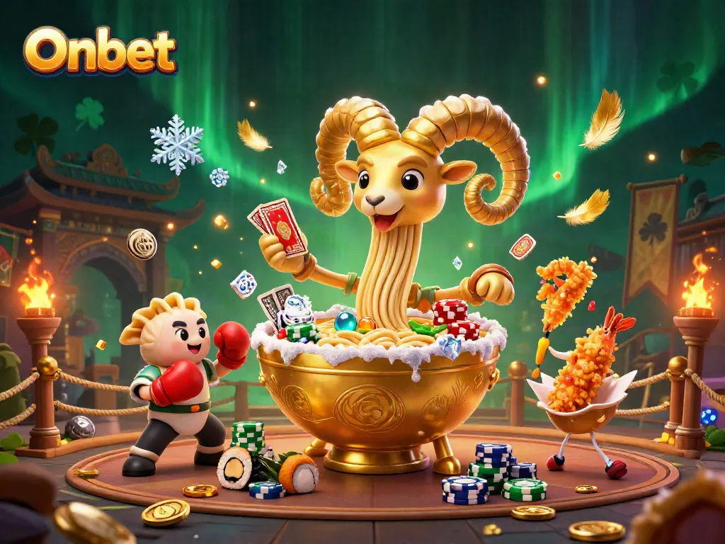Engaging Onbet casino scene with a golden ramen bowl dealing cards amidst dynamic betting elements.