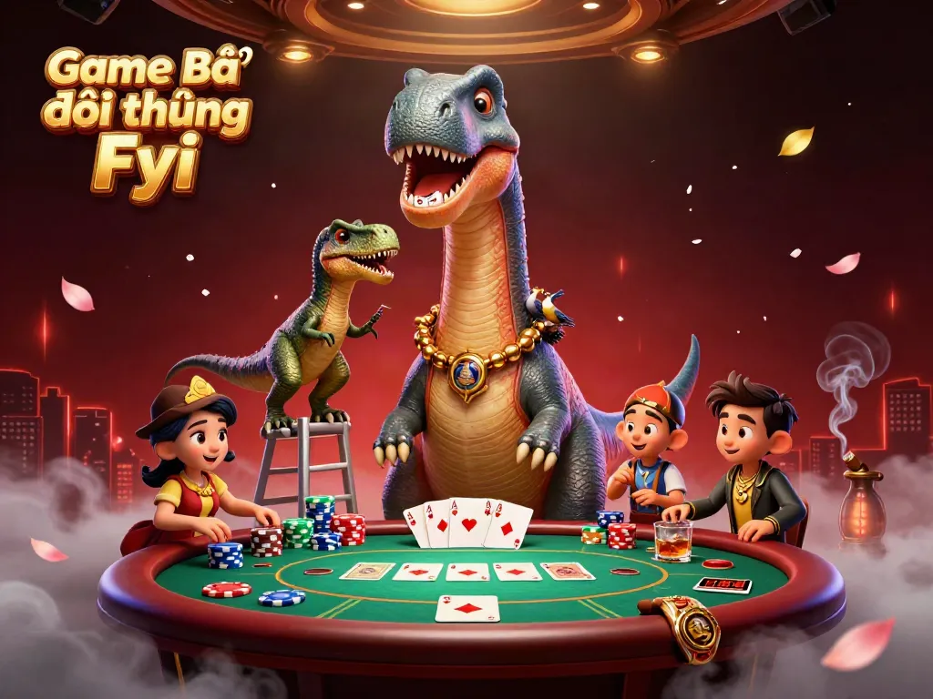 Experience thrills with Game Bài Đổi Thưởng Fyi as fantastical dinosaurs play poker in a vibrant casino scene.