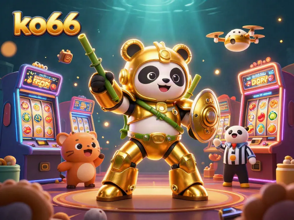 Experience thrilling gaming with ko66's vibrant 3D casino scene featuring unique characters and game elements.