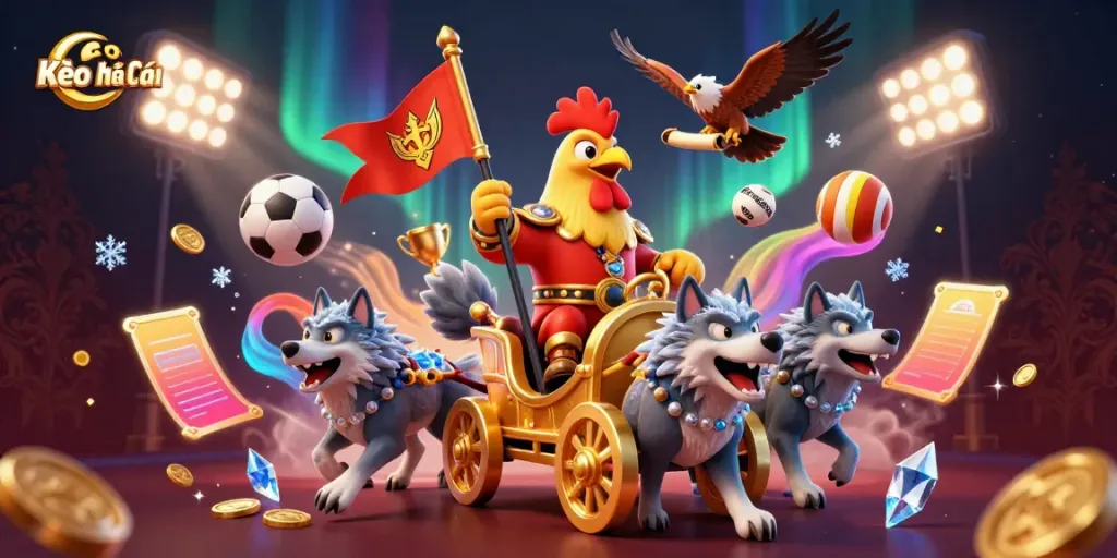 Kèo Nhà Cái showcases dynamic sports betting action with a heroic rooster warlord and vibrant game elements.