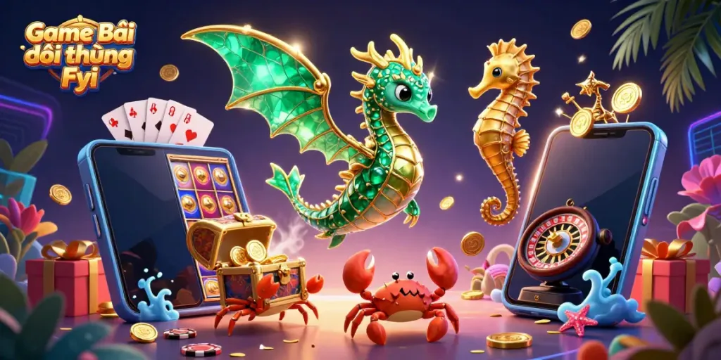 Engage with Game Bài Đổi Thưởng Fyi: an enchanting scene with a sea dragon, treasure, and casino elements.