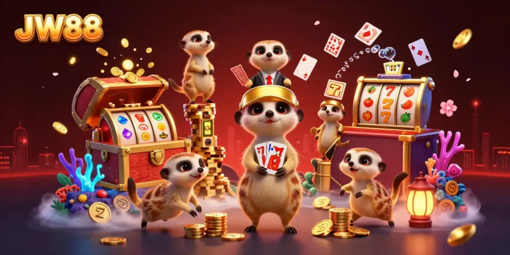 Engaging scene featuring JW88's meerkat casino team managing a vibrant, underwater-themed casino operation.