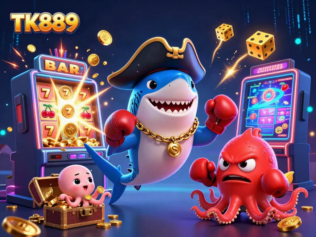 Engage with TK889 casino adventures featuring a pirate shark, pufferfish, and octopus in a vibrant gaming scene.