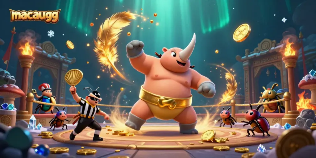 macaugg gameplay showcasing a sumo beetle champion stomping coins in a vibrant casino arena