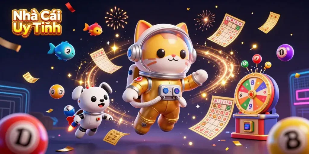 Experience exciting gameplay at Nhà Cái Uy Tín with vibrant elements of casino games and animated characters.