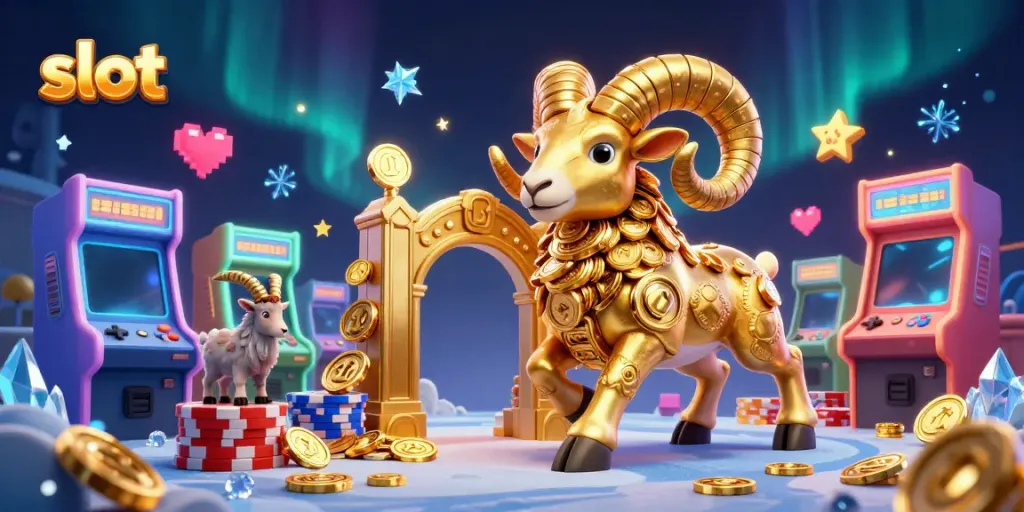 Exciting slot experience illustrated with a golden ram at a casino, featuring game elements and colorful details.
