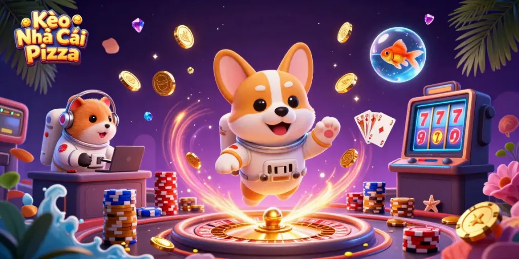 Kèo Nhà Cái Pizza showcases a floating space casino scene with playful characters and dynamic casino elements.