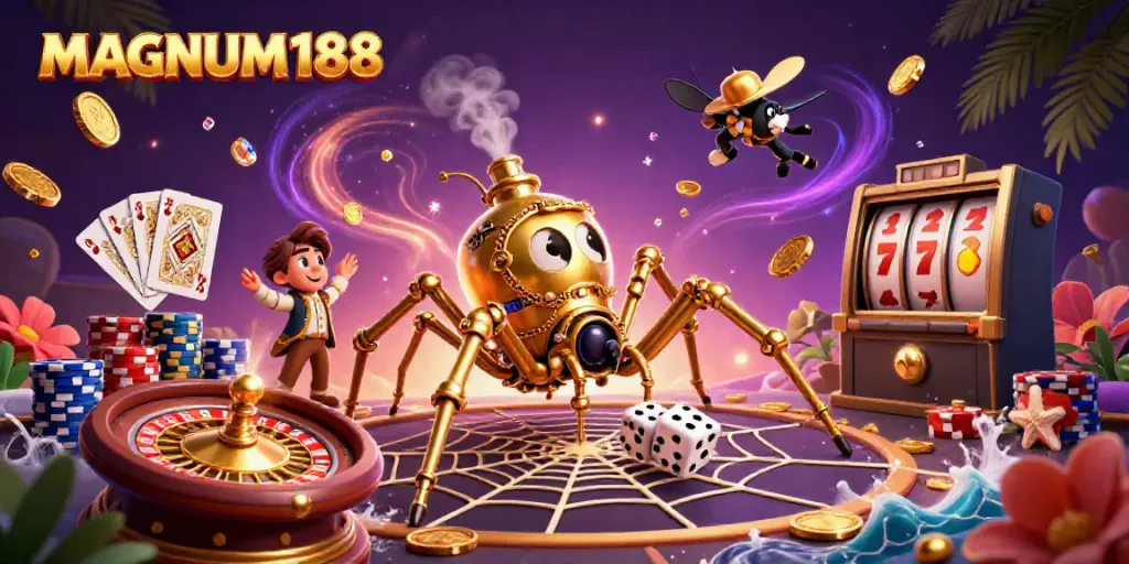 MAGNUM188 offers thrilling gaming with a lively scene of golden spider and Victorian fly in an exciting casino environment.