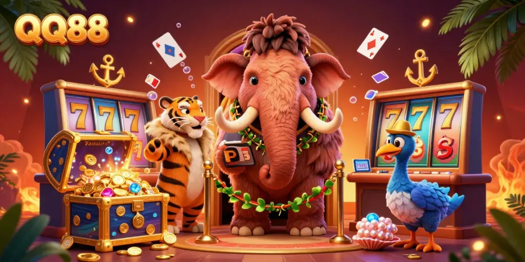 Experience the excitement of QQ88 casino with a woolly mammoth bouncer and slot machines.