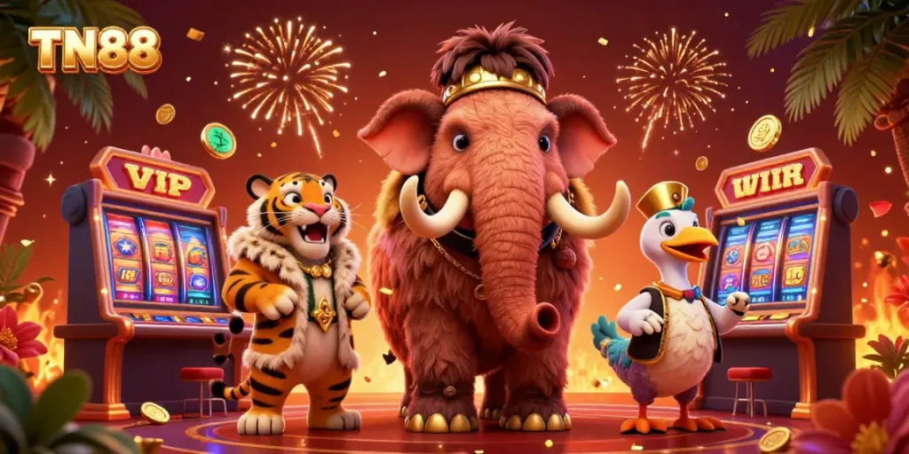 Experience the excitement at TN88 casino as a mammoth bouncer and saber-tooth VIP celebrate with golden fireworks and slot reels.
